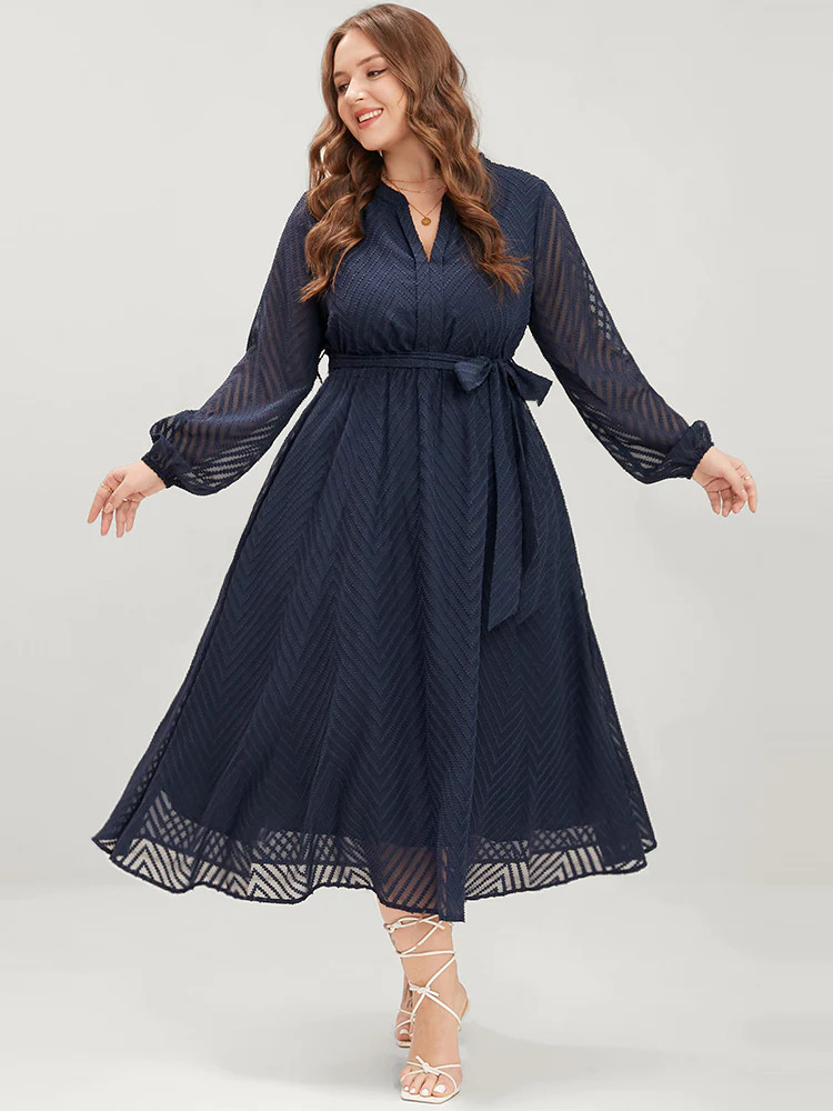 Solid Geometric Pocket Mesh Lantern Sleeve Belted Dress | Bloomchic