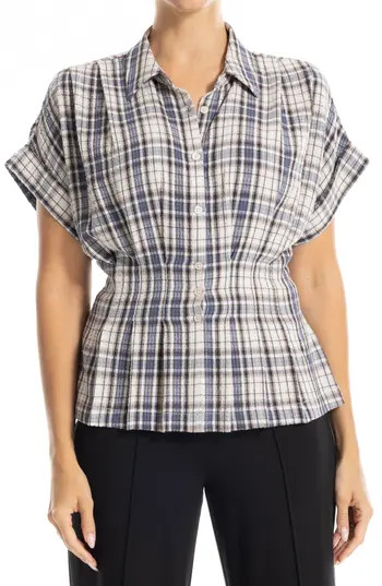 MAX STUDIO Plaid Pintucked Short Sleeve Shirt in Ecru/Navy Plaid at Nordstrom Rack, Size X-Small | Nordstrom Rack