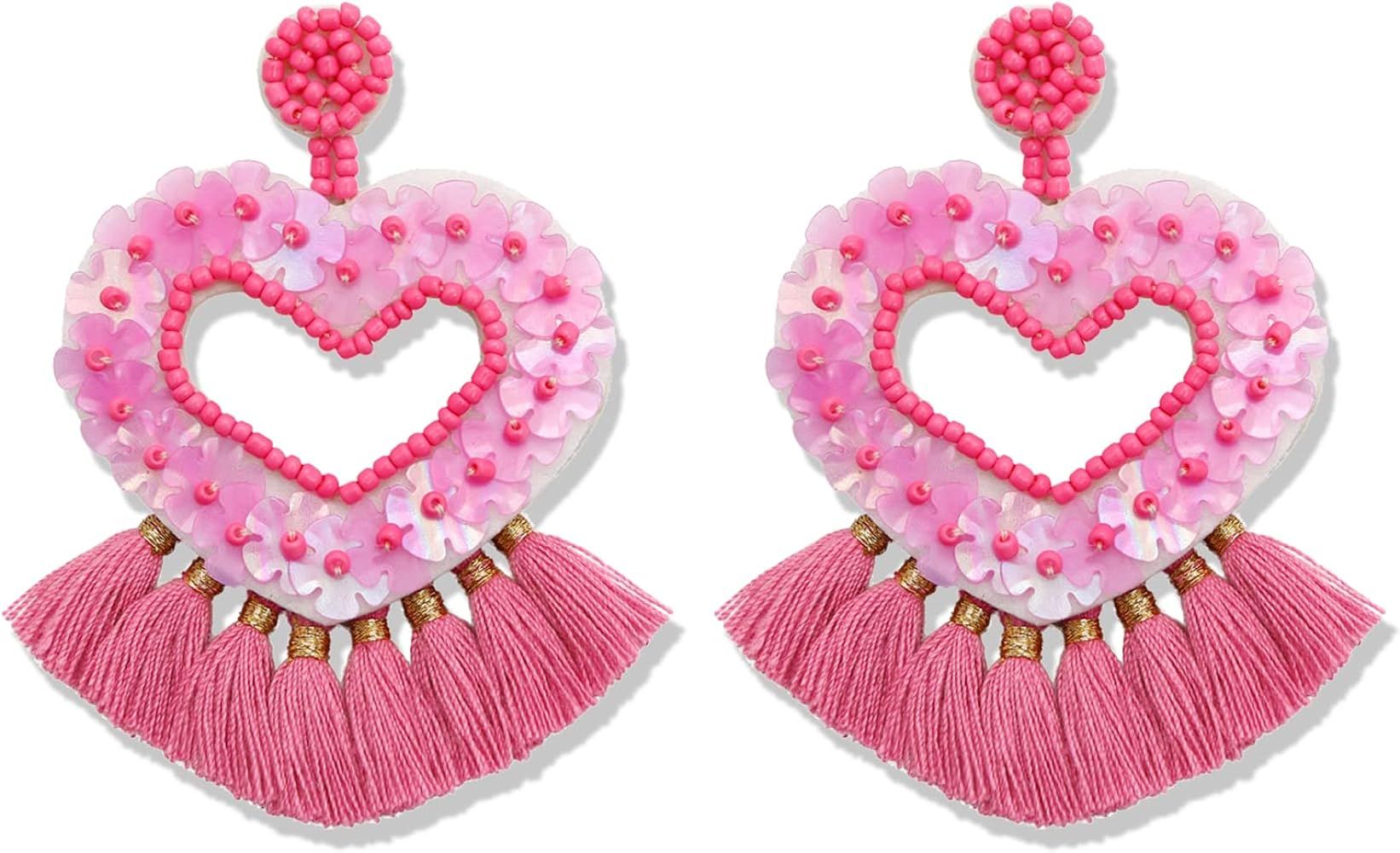 Heart Beaded Drop Dangle Earrings for Women Handmade Tassel Statement Earrings Boho Jewelry Valen... | Amazon (US)