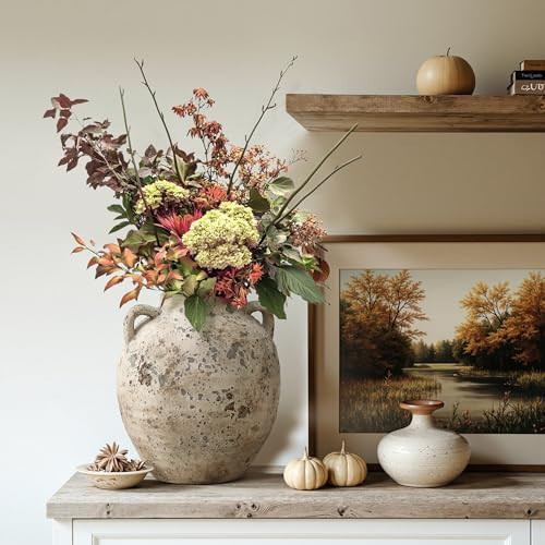 LuxenHome Rustic Antiqued Ceramic Vase, 12'' Tall Round Bouquet Terracotta Vase, Farmhouse Vase for Shelf Dining Table Decor, Vintage Boho Pottery for Living Room Decor, Home Décor Accents | Amazon (US)