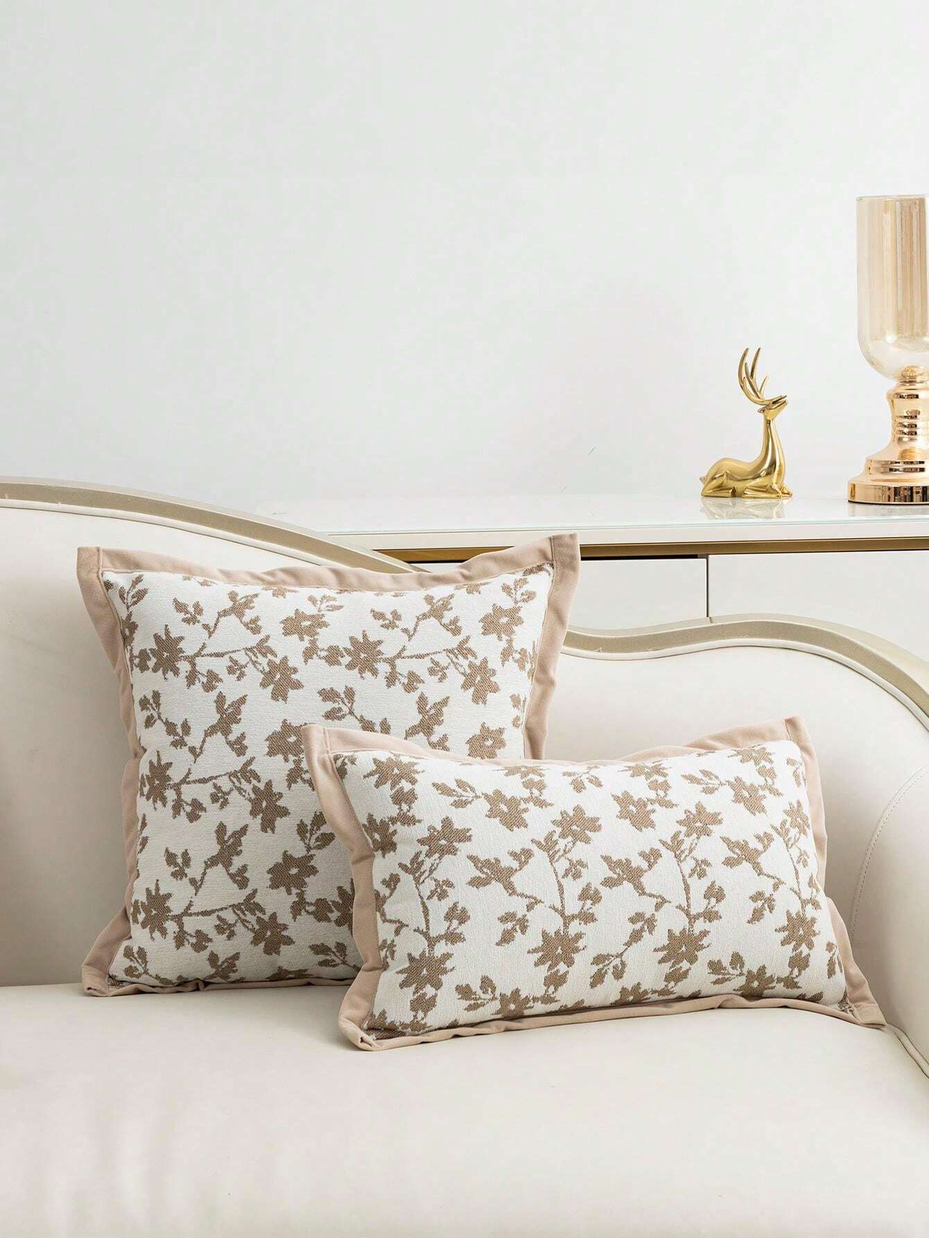 1pc Beige Tree Branches And Leaves Patterned Pillowcase, Chenille Jacquard Fabric Suede Edge Craf... | SHEIN