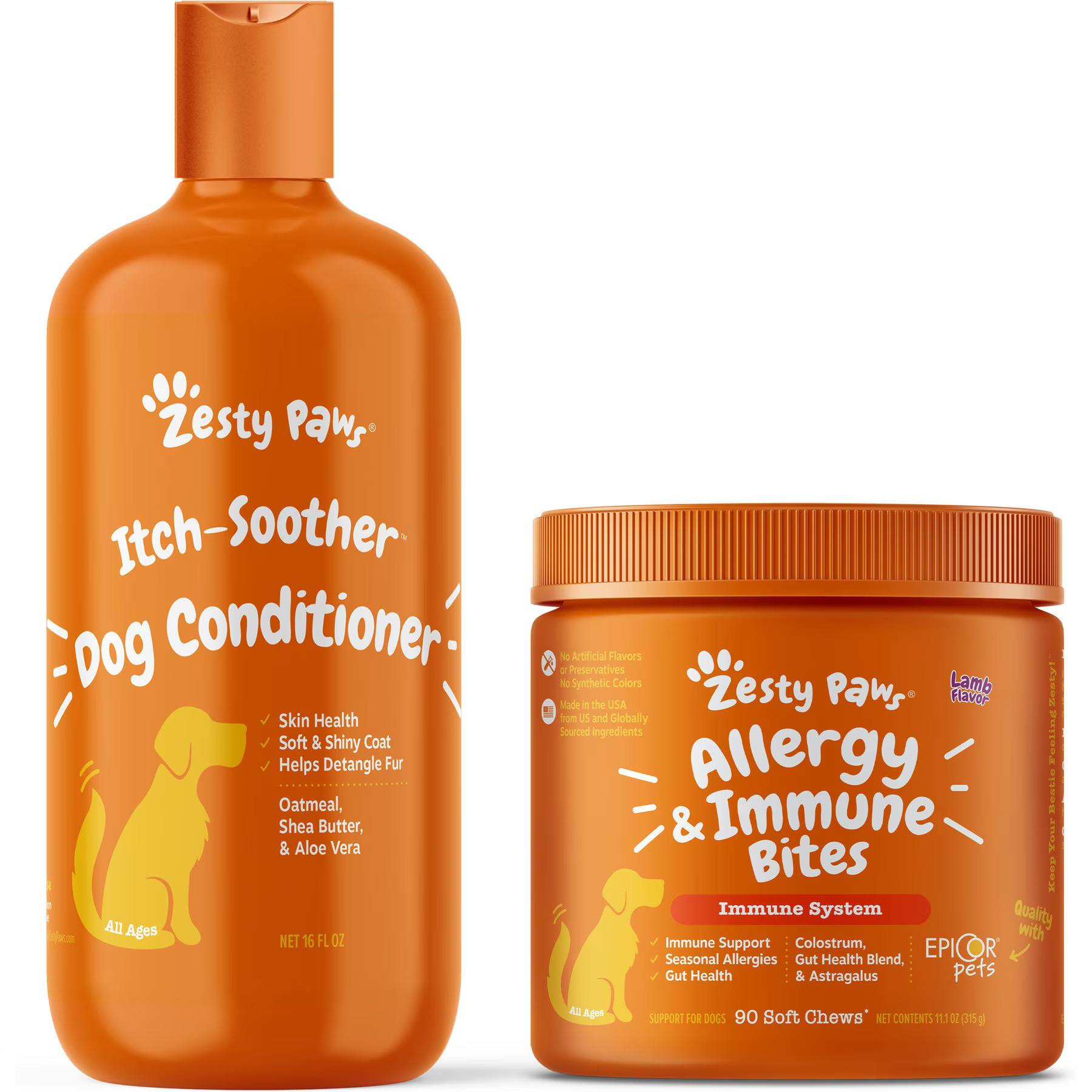 Zesty Paws Oatmeal Anti-Itch Conditioner with Aloe Vera & Organic Shea Butter for Dogs, 16-oz bottle & Zesty Paws Aller-Immune Bites Lamb Flavor Immune System Soft Chews Dog Supplement | Chewy