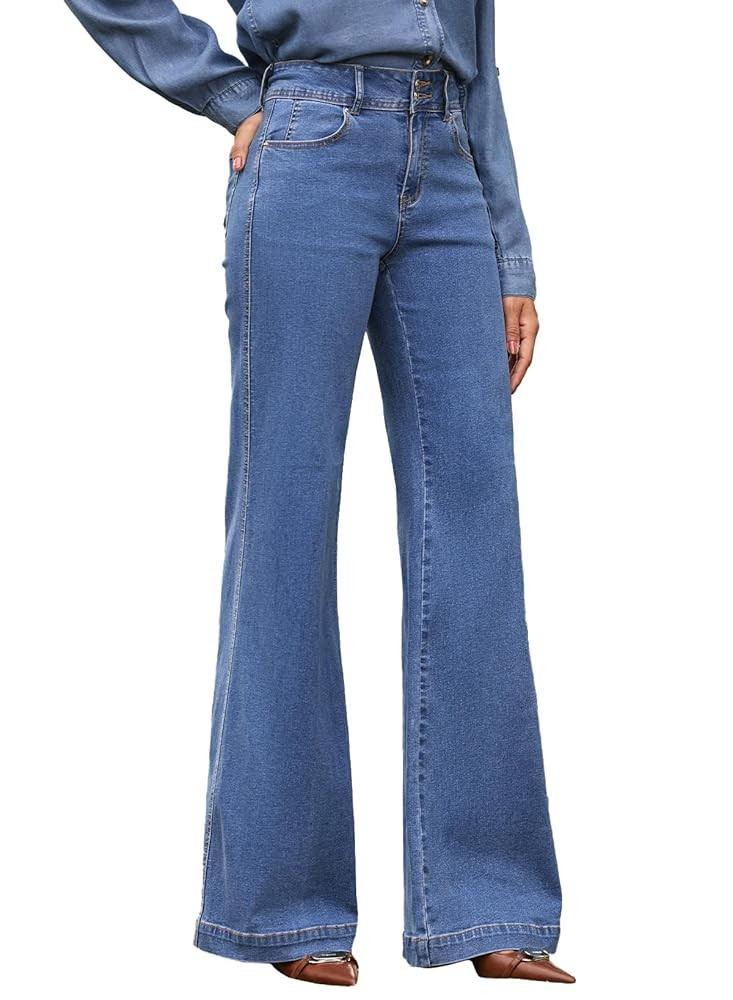 EVALESS Womens Jeans High Waisted Wide Leg Stretchy Baggy Denim Pants with Dual-Button Closure | Amazon (US)