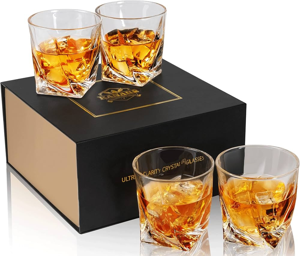 KANARS Crystal Whiskey Glasses Set of 4, Twisted Old Fashioned Lowball Bar Tumblers 10 Oz In Gift... | Amazon (US)