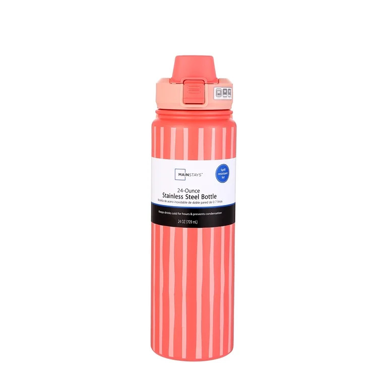 Mainstays 24 oz Double Wall Stainless Steel Water Bottle with Straw Lid Coral - Walmart.com | Walmart (US)