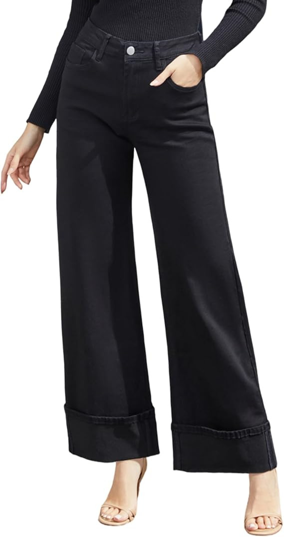 Women's Wide Leg Sweatpant Jeans High Waisted Stretchy Cuffed Baggy Denim Pants | Amazon (US)