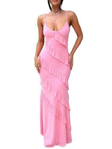 HOCILLE Women's Sexy V Neck Backless Bodycon Spaghetti Strap Elegant Ruffle Maxi Cocktail Party Dresses, X-Small, Pink | Amazon (US)