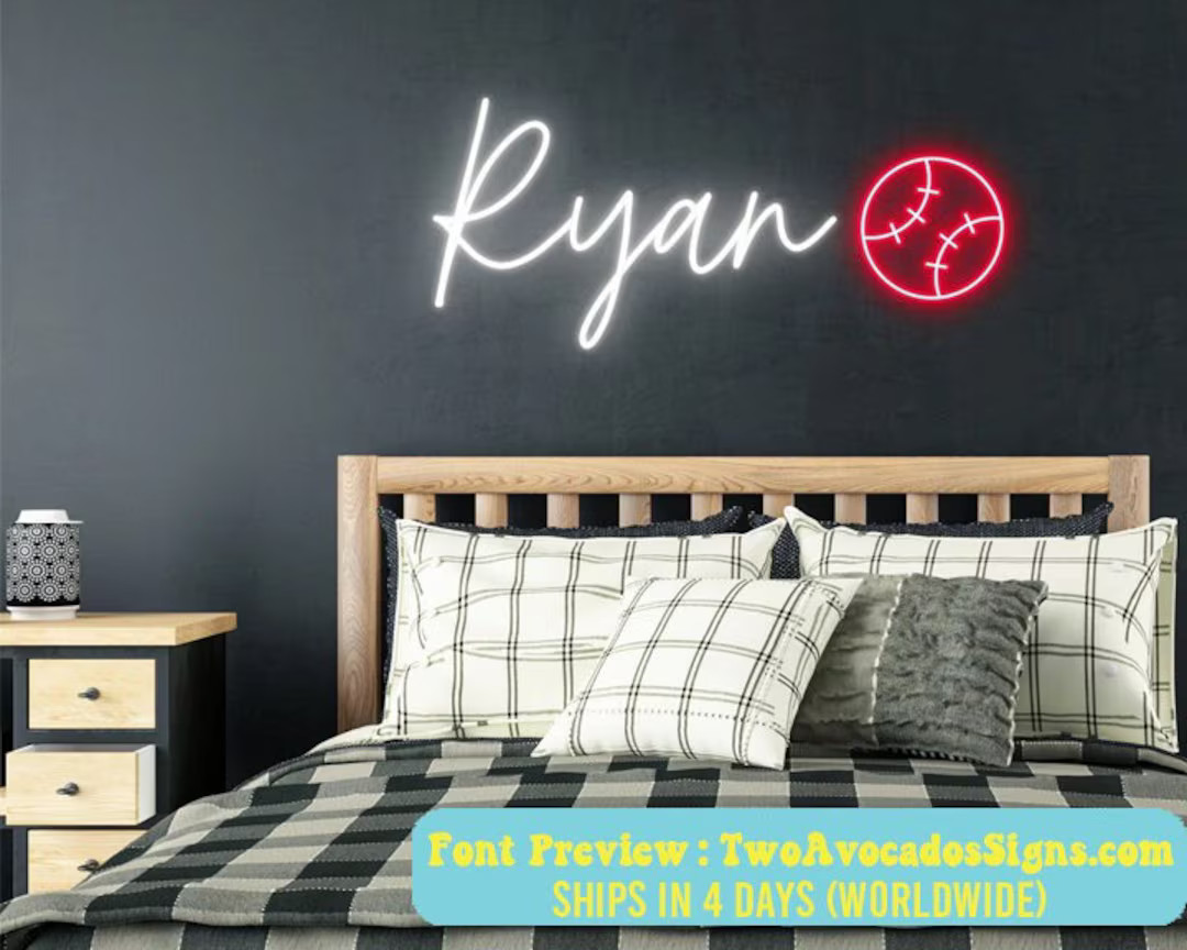 Nursery Name Neon Sign, Boy Name Sign, Teen Neon Name Sign, Kids Neon Name Sign, Baseball Name Si... | Etsy (US)