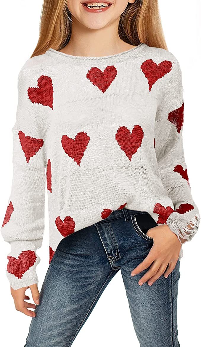 Tutorutor Girls Cute Heart Love Print Valentine Pullover Sweaters Lightweight Loose Knitted Crew ... | Amazon (US)