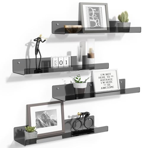 upsimples 4 Pack Acrylic Shelves for Wall Storage, 15" Floating Bookshelves for Kids, Display Shelf Organizer for Bathroom, Bedroom, Living Room Decor, Kitchen, Clear Black | Amazon (US)