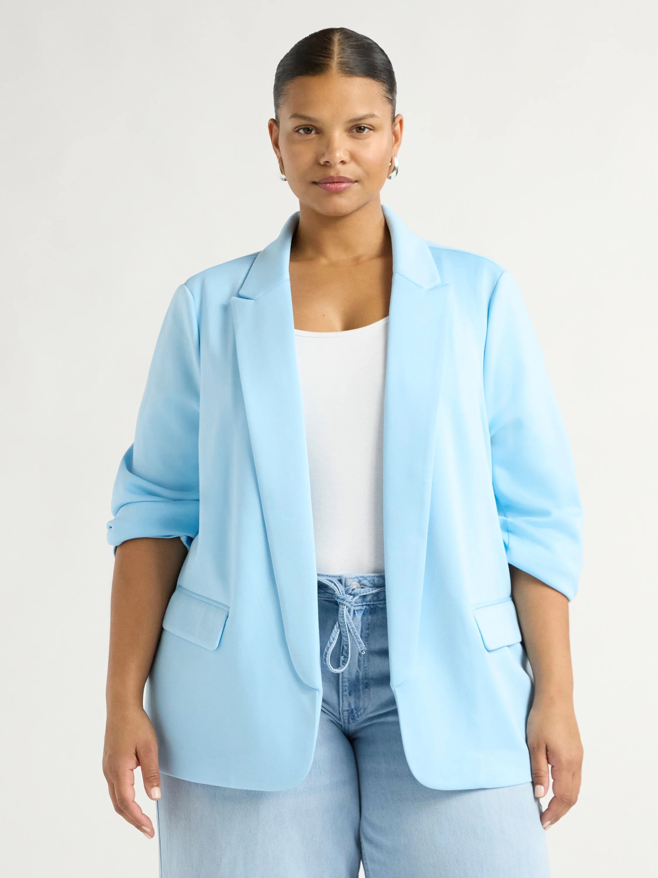Scoop Women's and Women's Plus Relaxed Scuba Knit Stretch Blazer with Scrunch Sleeves, Sizes XS-4... | Walmart (US)