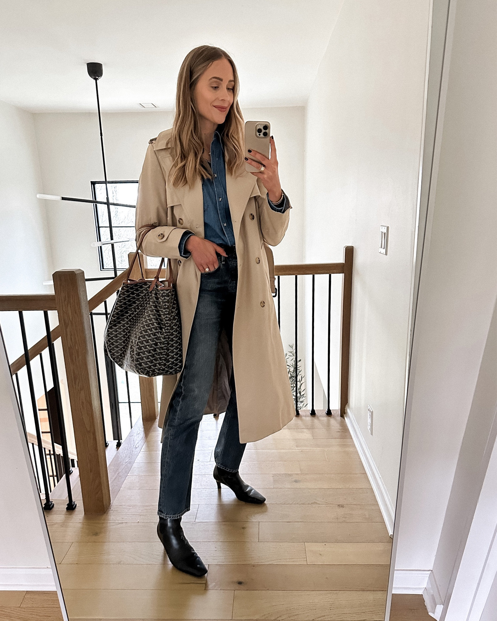 Fashion Jackson wearing trench coat (small), denim shirt, AGOLDE jeans, black leather boots, Goyard tote #fashionjackson #trenchcoat #denimshirt #springoutfit 

#LTKunder50 #LTKunder100 #LTKstyletip