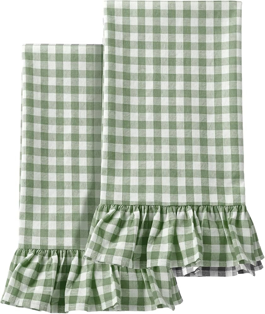 HunnmingRe 2 Pcs Green Gingham Kitchen Towels Cotton Ruffled | Amazon (US)