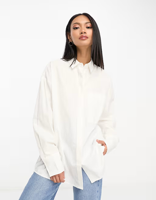 ASOS DESIGN long sleeve boyfriend shirt in cotton in white | ASOS (Global)
