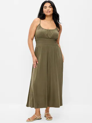 Fit & Flare Jersey Smocked-Waist Midi Dress | Old Navy (US)