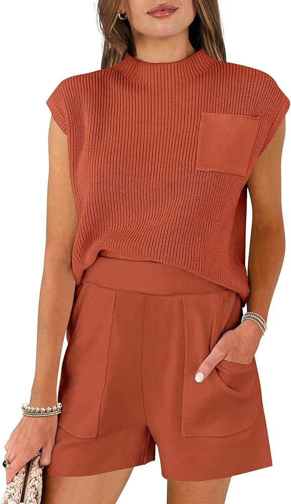 Caracilia Women's Two Piece Outfits Sweater Sets Knit Pullover Tops and Shorts Tracksuit Lounge S... | Amazon (US)