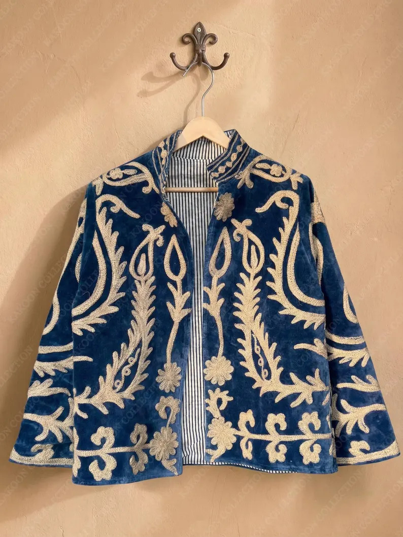 Suzani Velvet Jacket - Blue Embroidered Boho Coat, Floral Artisan Outerwear for women, Paisley Em... | Etsy (Global)
