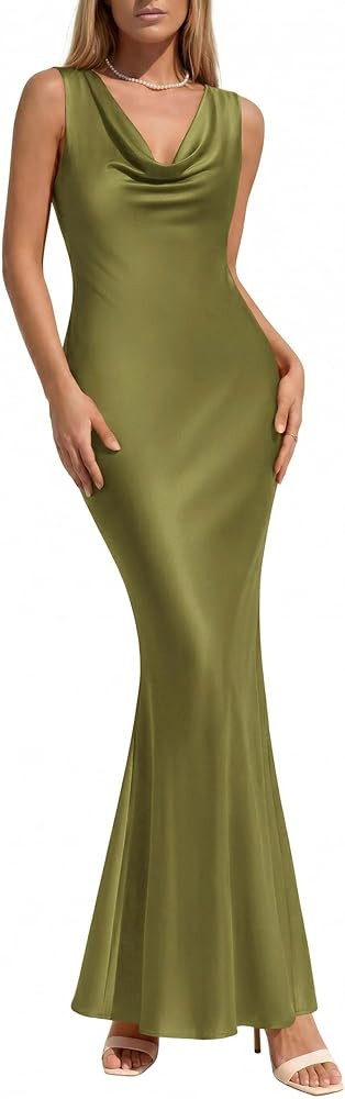 KIRUNDO Womens Summer Cowl Neck Sleeveless Satin Maxi Dress Elegant Bodycon Cocktail Wedding Gues... | Amazon (US)