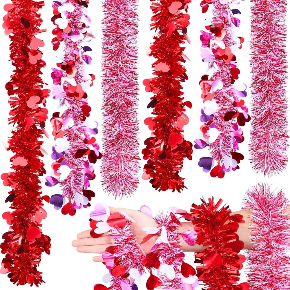 6 Pieces Valentine's Day Tinsel Garland Red Heart Metallic Garland Decor Red and White Metallic T... | Amazon (US)