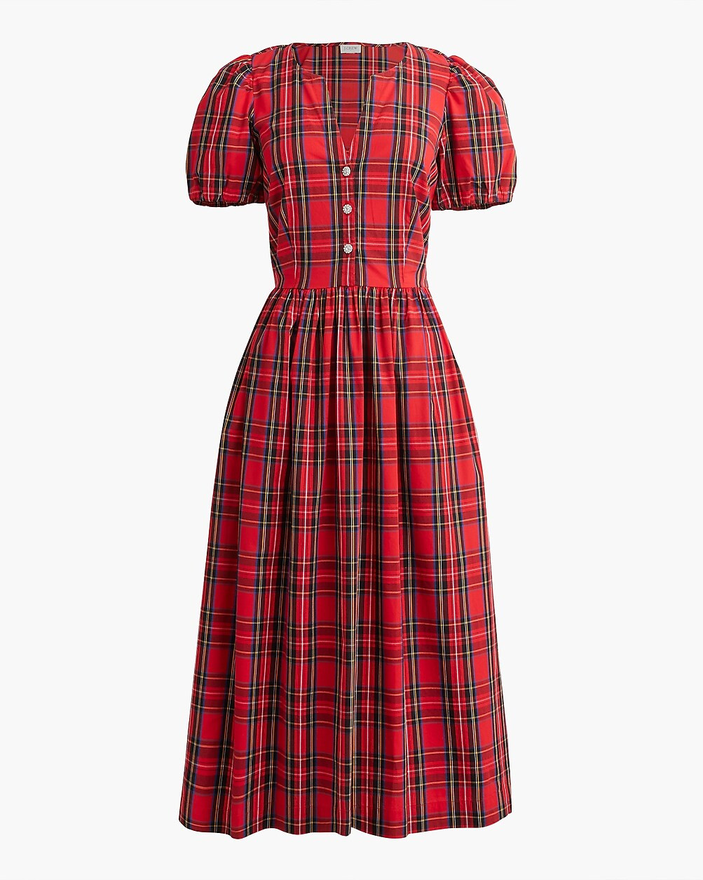 Stewart tartan  puff-sleeve midi dress with jeweled buttons | J.Crew Factory