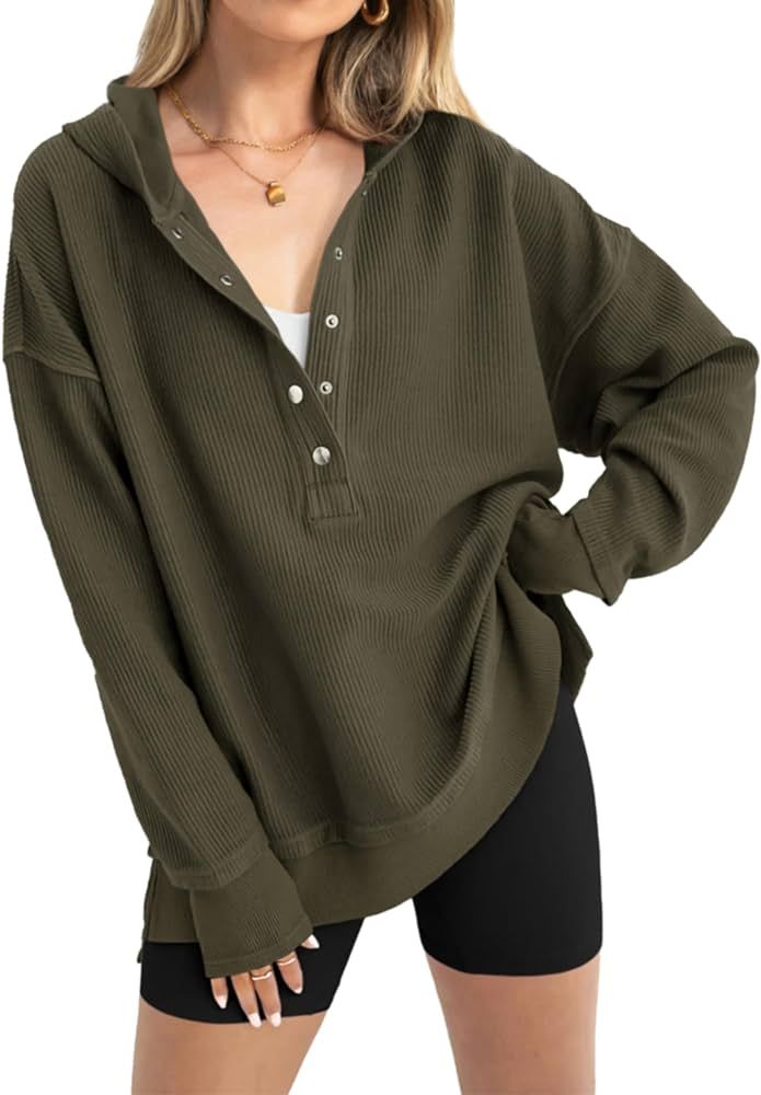 PRETTYGARDEN Womens Fashion 2024 Long Sleeve Hoodie Oversized Button Up V Neck Sweatshirt Side Sl... | Amazon (US)