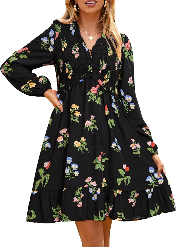 Simplee Womens 2025 Long Sleeve Babydoll Mini Dress Smocked Floral Fall Flowy Casual Short Dresse... | Amazon (US)