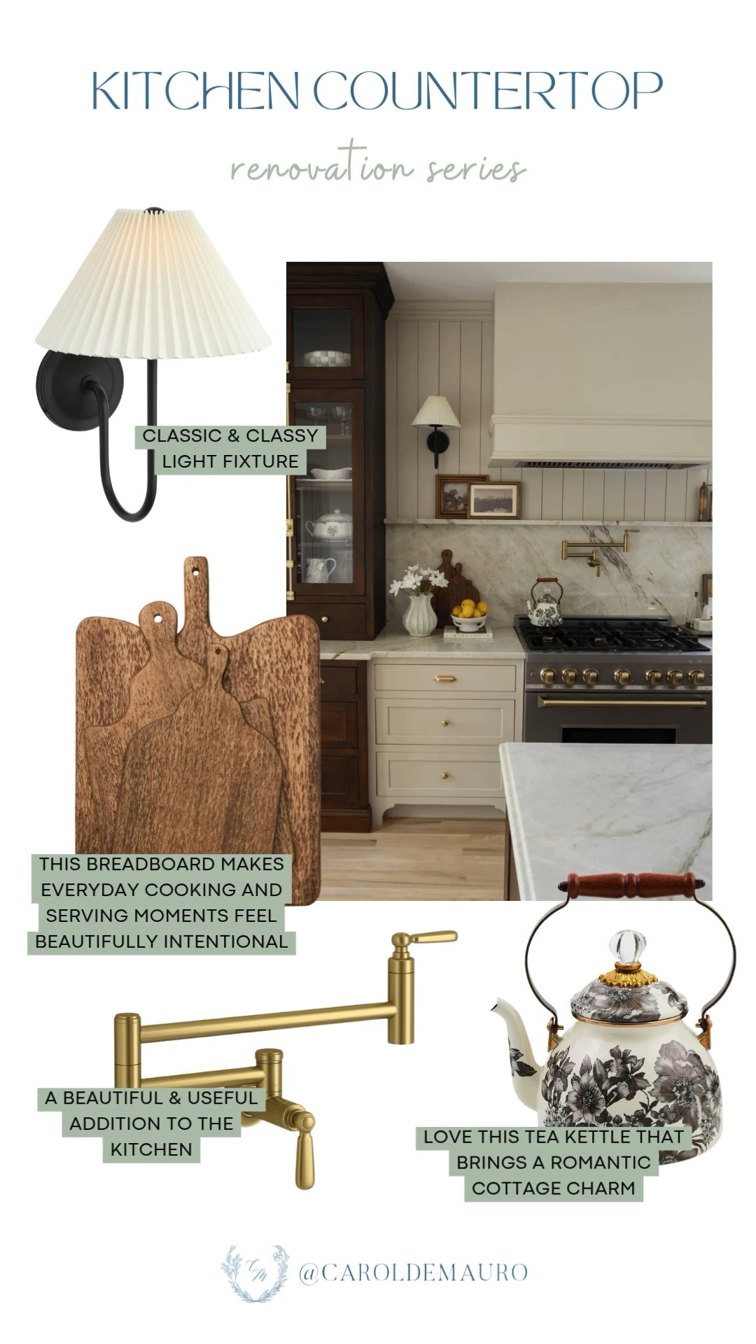Obsessed with this kitchen renovation inspo — the cottage charm of that floral tea kettle and brass pot filler against the marble countertop is so good. The wood breadboard and pleated wall sconce are such a perfect finishing touch.

kitchen renovation, kitchen inspo, cottage chic, kitchen decor, interior design, home styling

#LTKHome