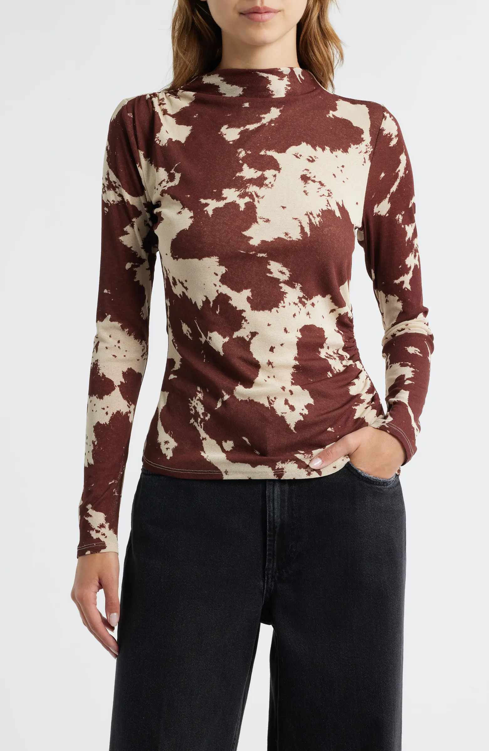 Joelle Cow Print Ruched Funnel Neck Top | Nordstrom