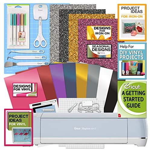 Cricut Explore Air 2 Blue Machine with Iron On Vinyl Pack, Starter Tool Kit, and Pen Set Bundle - Beginner Heat Transfer Vinyl Accessories with Design Guide, Craft Cutting Machine with HTV Supplies | Amazon (US)