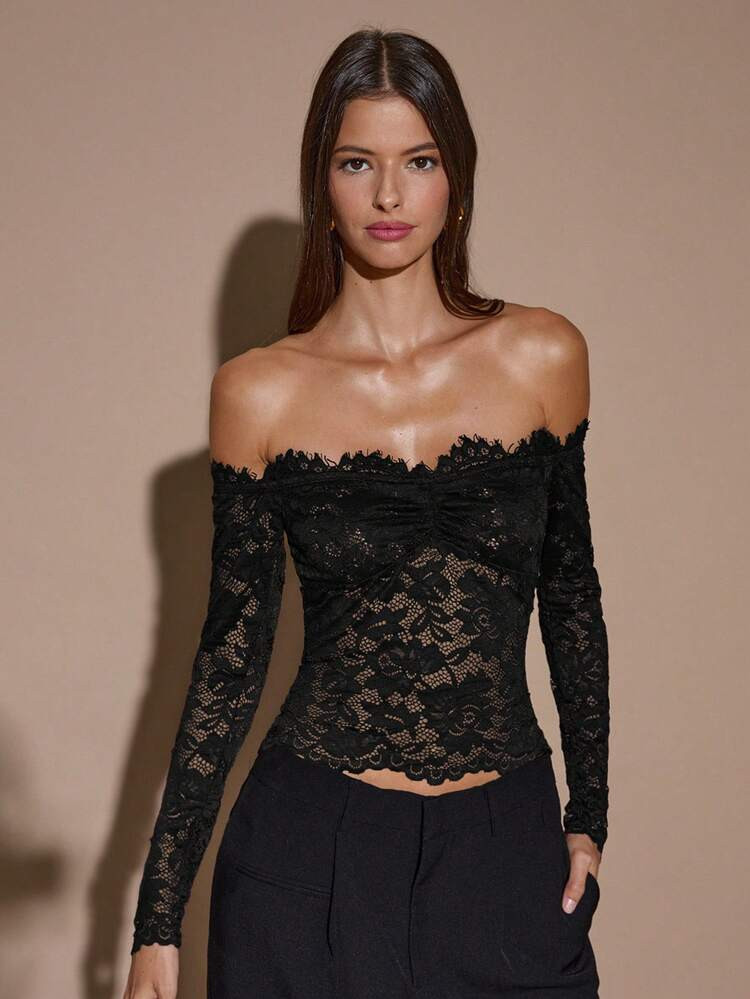 SHEIN BAE Women's Lace Sexy Sheer Hollow Out Off Shoulder Long Sleeve Top, Wine Red, Suitable For Christmas, Halloween, Day Of The Dead, Autumn/Winter Layering | SHEIN