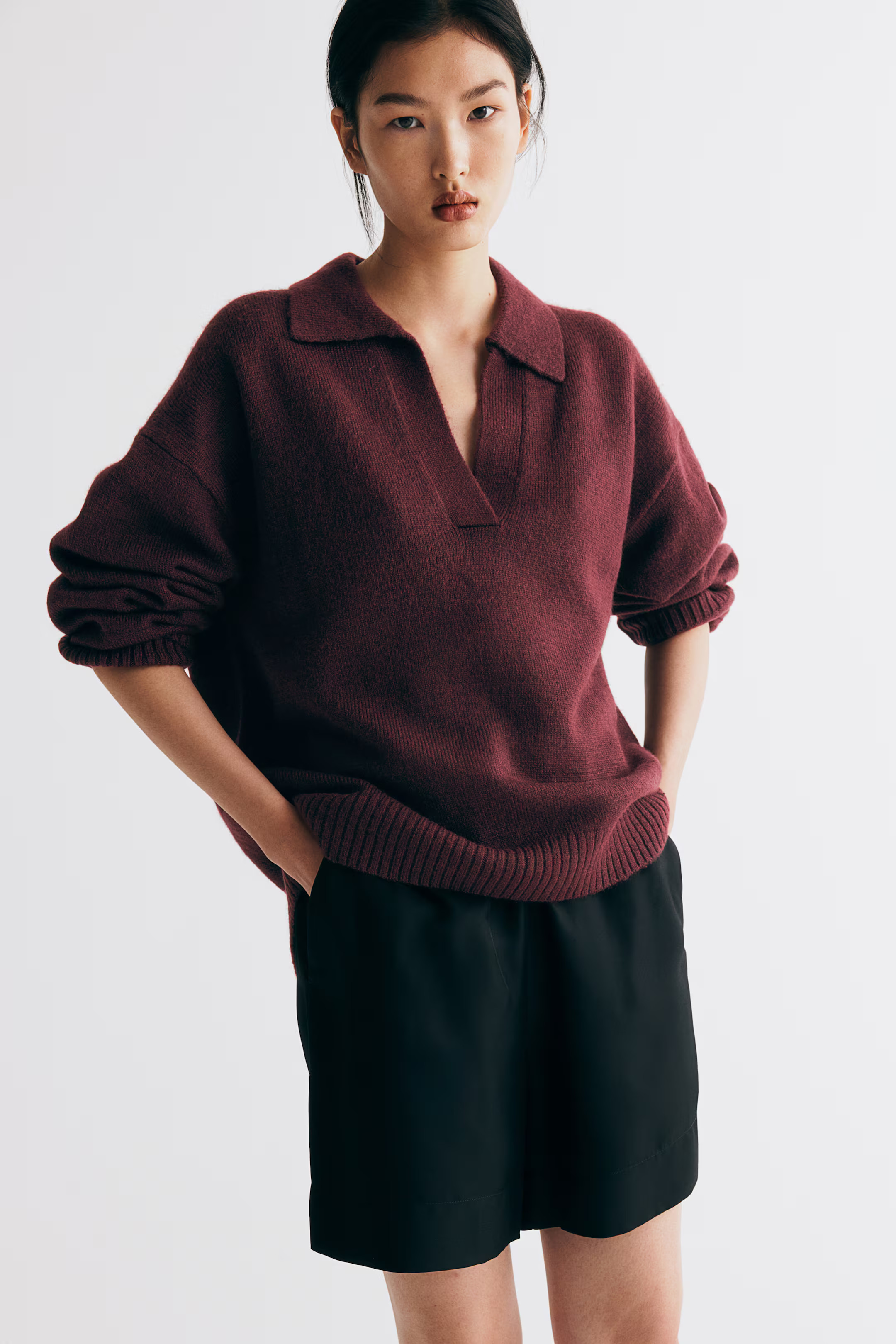 Fine-knit Collared Sweater - Burgundy - Ladies | H&M US | H&M (US + CA)