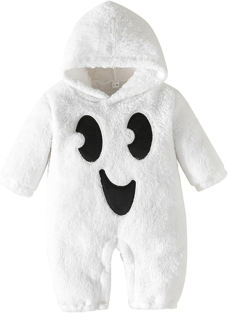 Newborn Baby Girl Boy Halloween Outfit Ghost Costume White Fleece Romper Jumpsuit Hooded hat | Amazon (US)