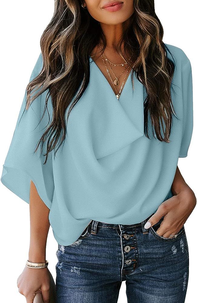 LookbookStore Women's Casual Draped V Neck 3/4 Bell Sleeve Loose Shirt Blouse Top | Amazon (US)