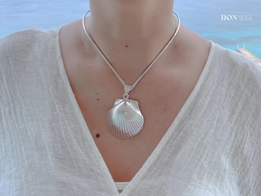 Large Sterling Silver Shell Pendant for Necklace, Ocean Jewelry, Beach Jewelry, Conch Pendant, Cr... | Etsy (US)