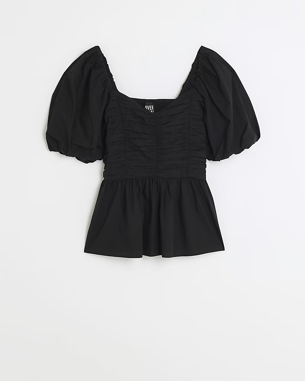 Black poplin ruched puff sleeve blouse | River Island (UK & IE)