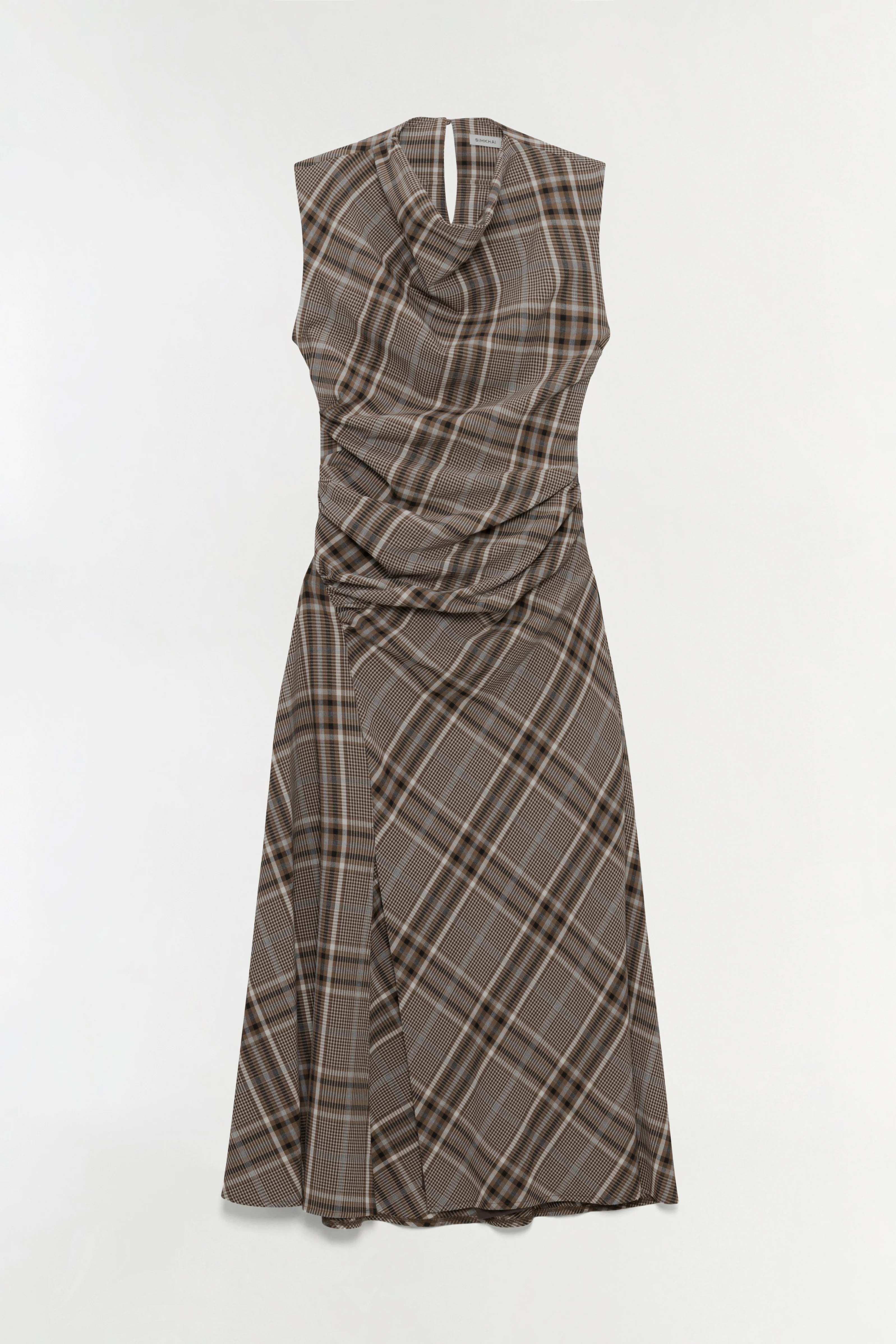 SIMKHAI Women's Burke Draped Midi Dress in Otter Plaid, Size 10 | Simkhai