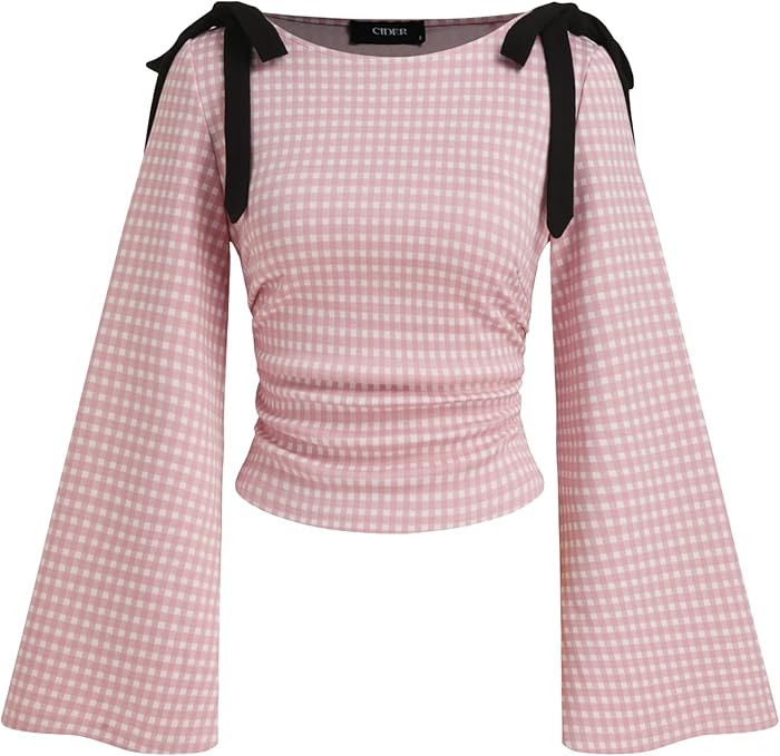 CIDER Tops Gingham Bowknot Ruched Long Sleeve Boat Neck Slim Fit Top | Amazon (US)