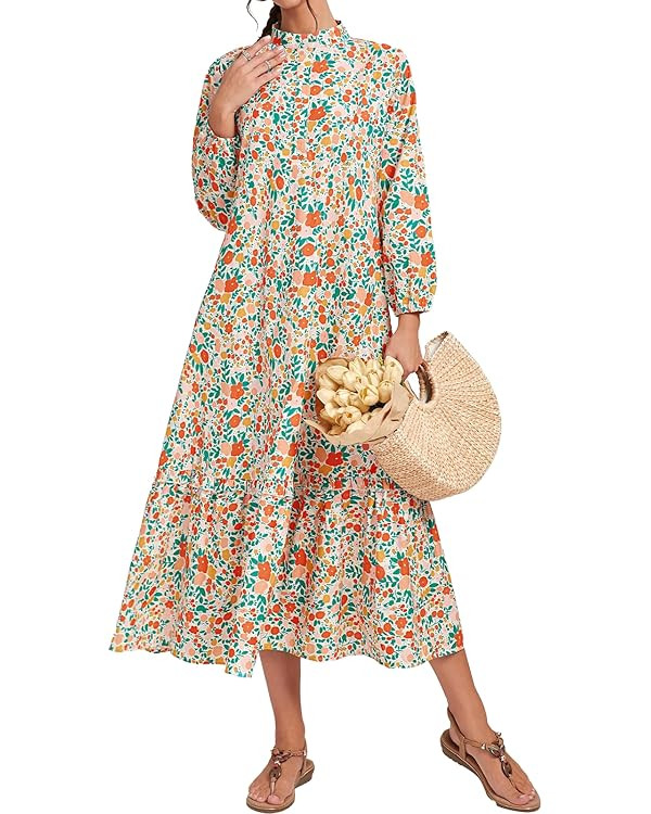 Fall Floral Long Sleeve Maxi Dress for Women Crew Neck Button Down Loose Flowy Boho Dresses 2025 | Amazon (US)