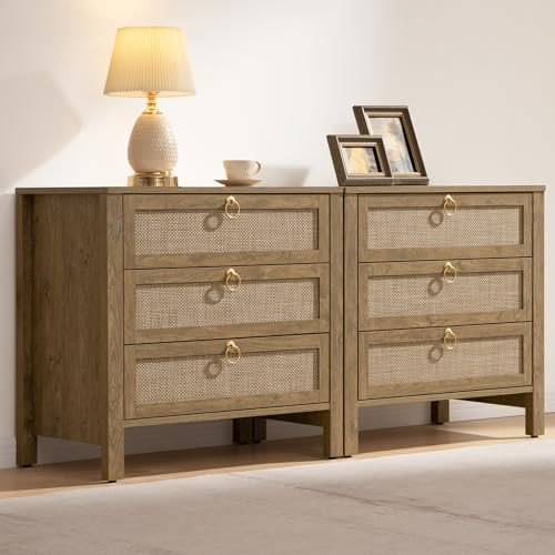 SICOTAS Nightstand Set 2 with Drawers - Large Rattan Bedside Table with Golden Handle, 3 Drawers Night Stand 26.78" Wide Side Table Boho Nightstand for Bedroom | Amazon (US)