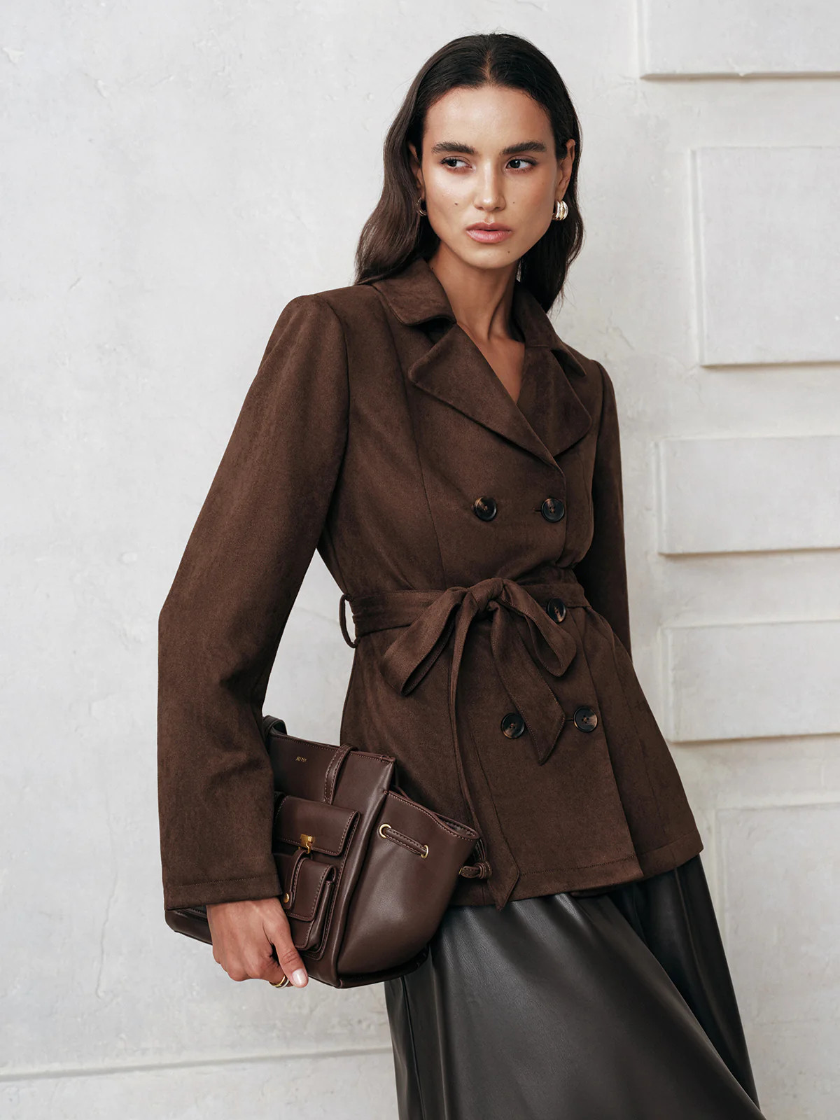 Belted Double-Breasted Suede Effect Jacket | Commense
