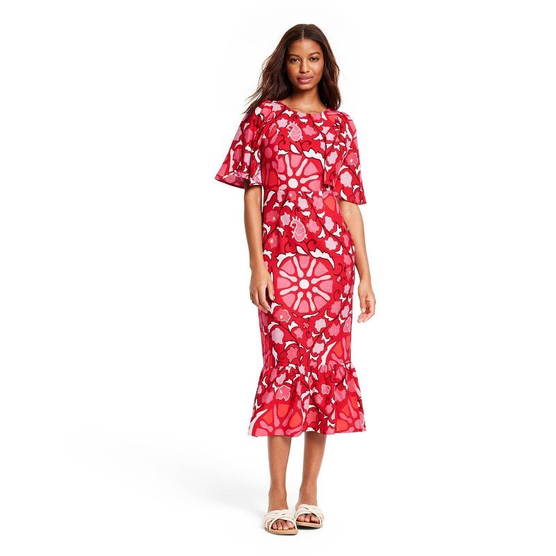 Women's Large Zinnia Floral Print Bell Sleeve Midi Dress - RHODE x Target Red/Pink | Target