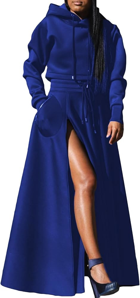 Women's Casual 2 Piece Outfits Long Sleeves Hoodies Sweatshirts and High Waist Split Skirt Sweats... | Amazon (US)
