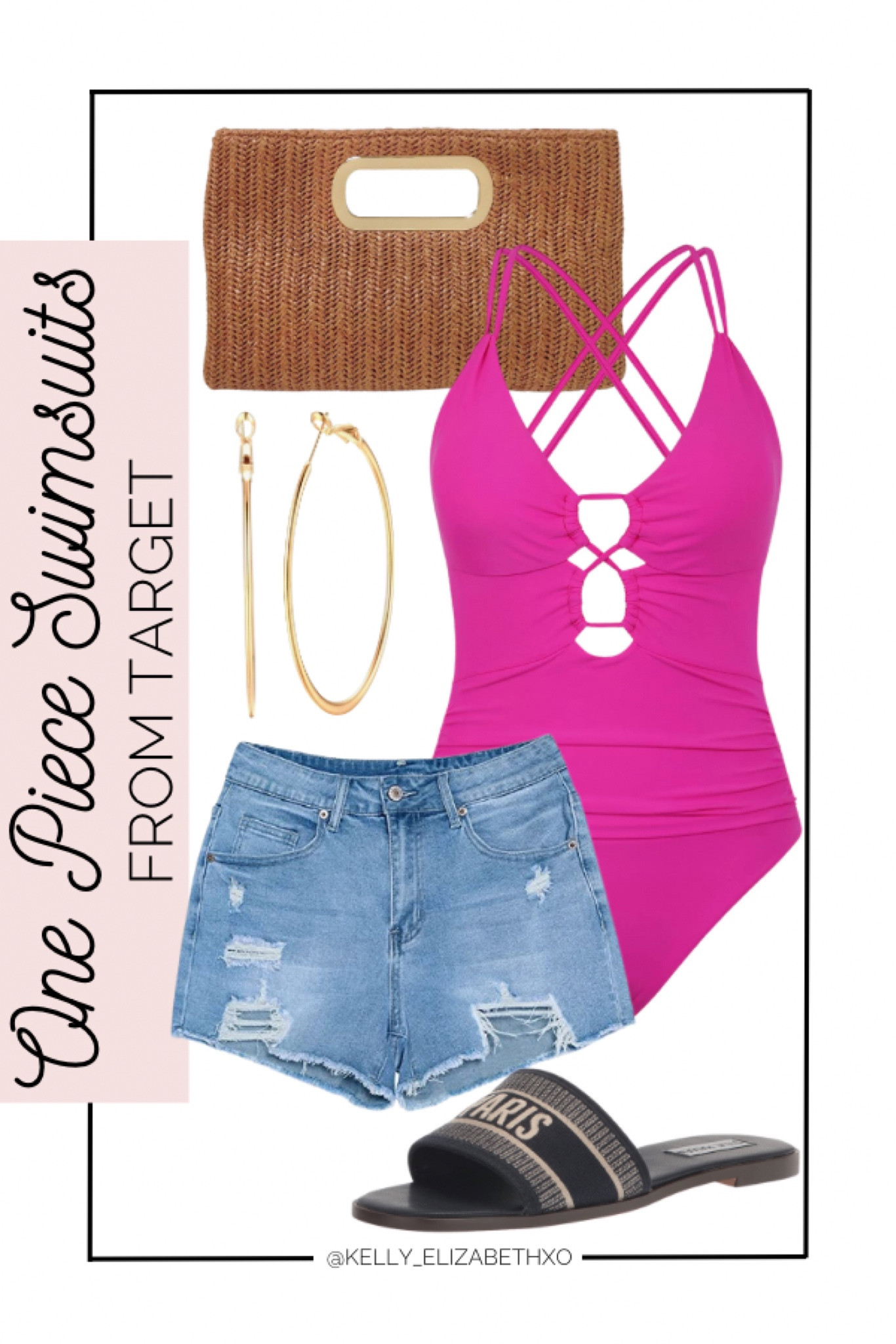 One piece swimsuits from Target! Items include a hot pink swimsuit, a beach purse, a gold pair of hoop earrings, black sandals and Jean shorts. Midsize swim, midsize fashion, fashion finds, beach fashion. 

#LTKswim #LTKFind #LTKunder100