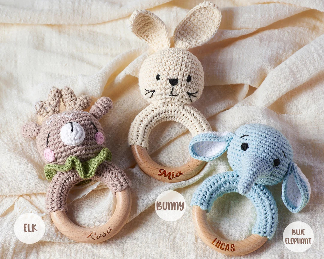 Personalized Animal Crochet Rattle, Custom Baby Shower Gift, Wooden Rattle Ring With Engraved Bab... | Etsy (US)