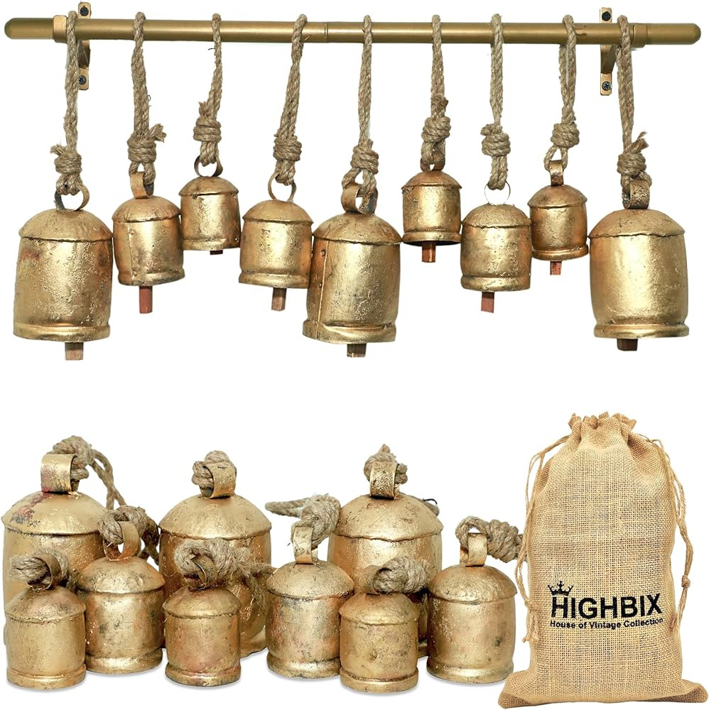 HIGHBIX Rustic Handmade Christmas Jingle Cowbells on Metal Hanging Rod Complete Set Vintage-Style... | Amazon (US)