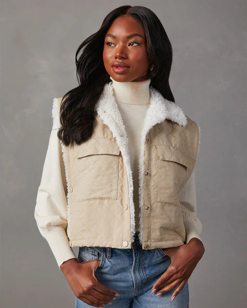 Everlasting Faux Fur Cropped Puffer Vest - Beige | VICI