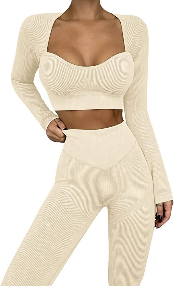 Workout Sets for Women Long Sleeev 2 Piece Yoga Outfits Seamless Ribbed Sweetheart Neck Crop Top ... | Amazon (US)