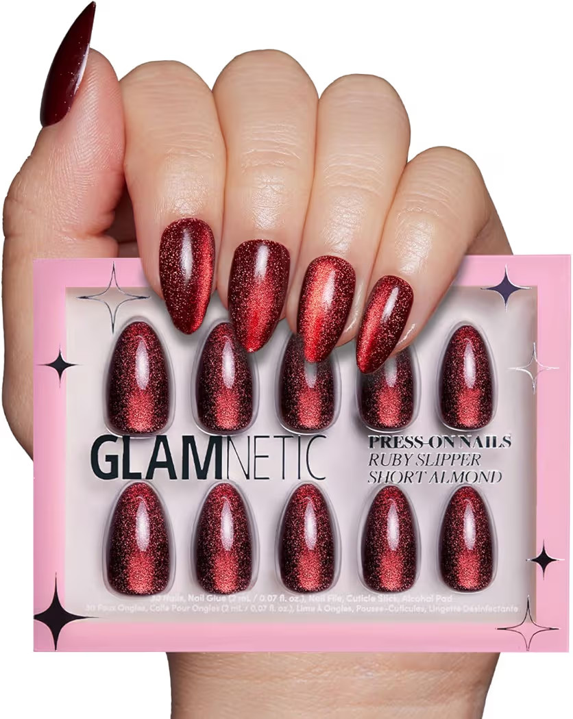 Glamnetic Press On Nails - Ruby Slipper | Deep Red Sparkly Short Almond Fake Nails with a Velvet Finish, Reusable | 15 Sizes - 30 Nail Kit with Glue | Amazon (US)