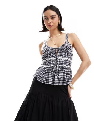 ASOS DESIGN milkmaid top in gingham with ricrac trims in navy gingham | ASOS (Global)