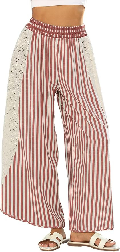 Athlisan Womens Summer Casual Loose Striped Wide Leg Lounge Pants Elastic Waist Palazzo Trousers | Amazon (US)